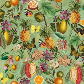 Vintage tropical butterflies, exotic butterfly inscects, green Leaves and  colorful antique fruits blossoms and flowers, Nostalgic butterflies and fruits fabric, - green  double layer