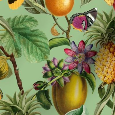 Vintage tropical butterflies, exotic butterfly inscects, green Leaves and  colorful antique fruits blossoms and flowers, Nostalgic butterflies and fruits fabric, - green