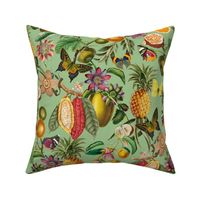 Vintage tropical butterflies, exotic butterfly inscects, green Leaves and  colorful antique fruits blossoms and flowers, Nostalgic butterflies and fruits fabric, - green