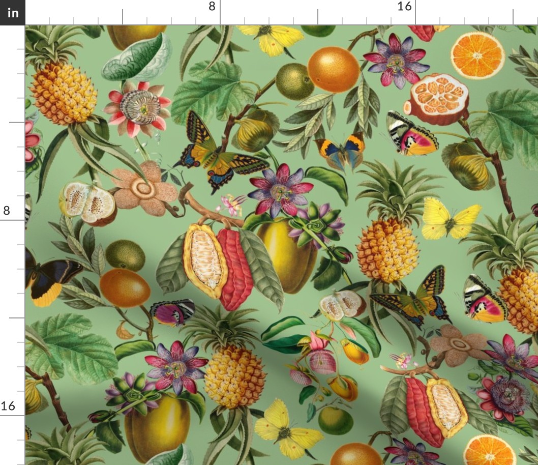 Vintage tropical butterflies, exotic butterfly inscects, green Leaves and  colorful antique fruits blossoms and flowers, Nostalgic butterflies and fruits fabric, - green