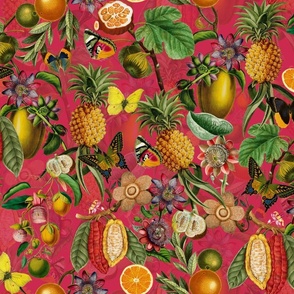 Vintage tropical butterflies, exotic butterfly inscects, green Leaves and  colorful antique fruits blossoms and flowers, Nostalgic butterflies and fruits fabric, - magenta pink  double layer