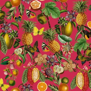 Vintage tropical butterflies, exotic butterfly inscects, green Leaves and  colorful antique fruits blossoms and flowers, Nostalgic butterflies and fruits fabric, - magenta pink