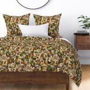 Vintage tropical butterflies, exotic butterfly inscects, green Leaves and  colorful antique fruits blossoms and flowers, Nostalgic butterflies and fruits fabric, - beige sepia tanned  double layer
