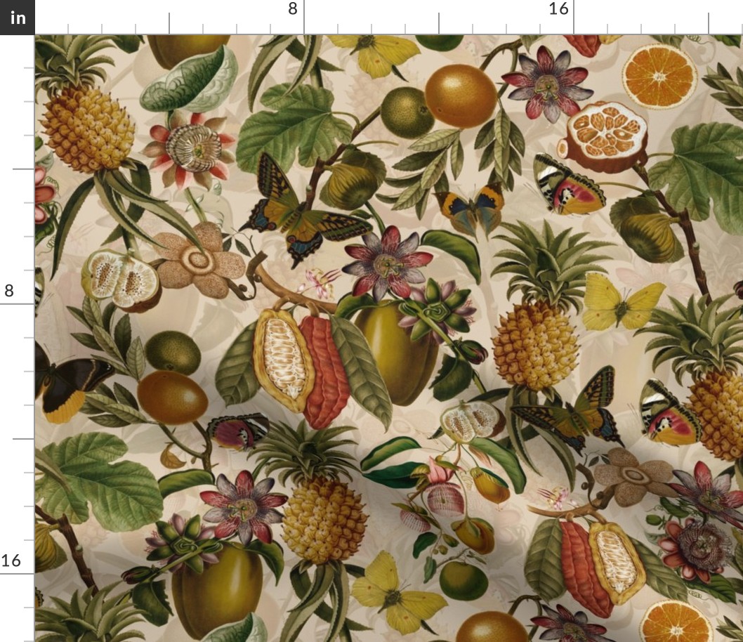 Vintage tropical butterflies, exotic butterfly inscects, green Leaves and  colorful antique fruits blossoms and flowers, Nostalgic butterflies and fruits fabric, - beige sepia tanned  double layer