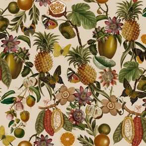 Vintage tropical butterflies, exotic butterfly inscects, green Leaves and  colorful antique fruits blossoms and flowers, Nostalgic butterflies and fruits fabric, - beige sepia tanned  