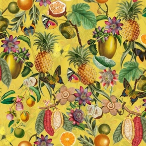 Vintage tropical butterflies, exotic butterfly inscects, green Leaves and  colorful antique fruits blossoms and flowers, Nostalgic butterflies and fruits fabric, - sunny yellow double layer