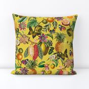 Vintage tropical butterflies, exotic butterfly inscects, green Leaves and  colorful antique fruits blossoms and flowers, Nostalgic butterflies and fruits fabric, - sunny yellow