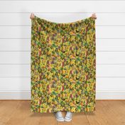 Vintage tropical butterflies, exotic butterfly inscects, green Leaves and  colorful antique fruits blossoms and flowers, Nostalgic butterflies and fruits fabric, - sunny yellow