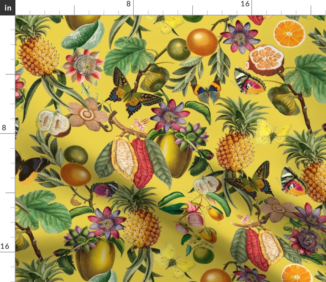 Vintage tropical butterflies, exotic butterfly inscects, green Leaves and  colorful antique fruits blossoms and flowers, Nostalgic butterflies and fruits fabric, - sunny yellow