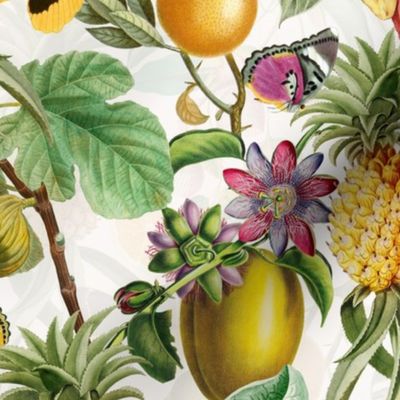 Vintage tropical butterflies, exotic butterfly inscects, green Leaves and  colorful antique fruits blossoms and flowers, Nostalgic butterflies and fruits fabric, - off white  double layer