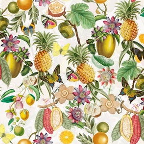 Vintage tropical butterflies, exotic butterfly inscects, green Leaves and  colorful antique fruits blossoms and flowers, Nostalgic butterflies and fruits fabric, - off white  double layer