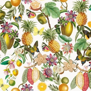 Vintage tropical butterflies, exotic butterfly inscects, green Leaves and  colorful antique fruits blossoms and flowers, Nostalgic butterflies and fruits fabric, - off white 