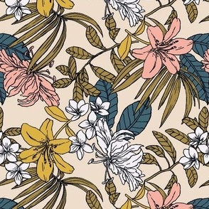 Tropical fabric print Light tone subdued tropical floral