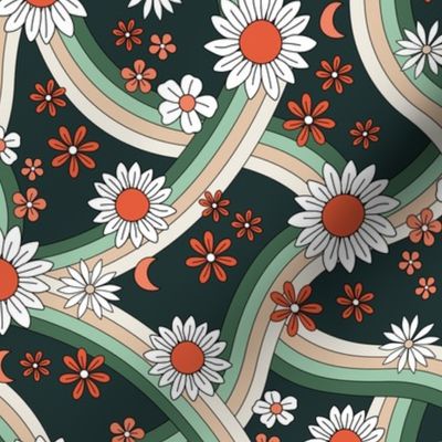Groovy Christmas rainbow swoosh and swirls flower blossom garden seasonal design - seventies colorful retro sunflowers and daisies red coral mint beige on pine green 