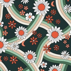 Groovy Christmas rainbow swoosh and swirls flower blossom garden seasonal design - seventies colorful retro sunflowers and daisies red coral mint beige on pine green 
