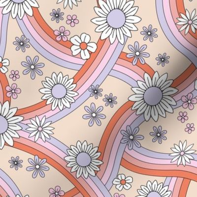 Groovy rainbow swoosh and swirls flower blossom garden summer design - seventies colorful retro design lilac pink coral orange on tan 