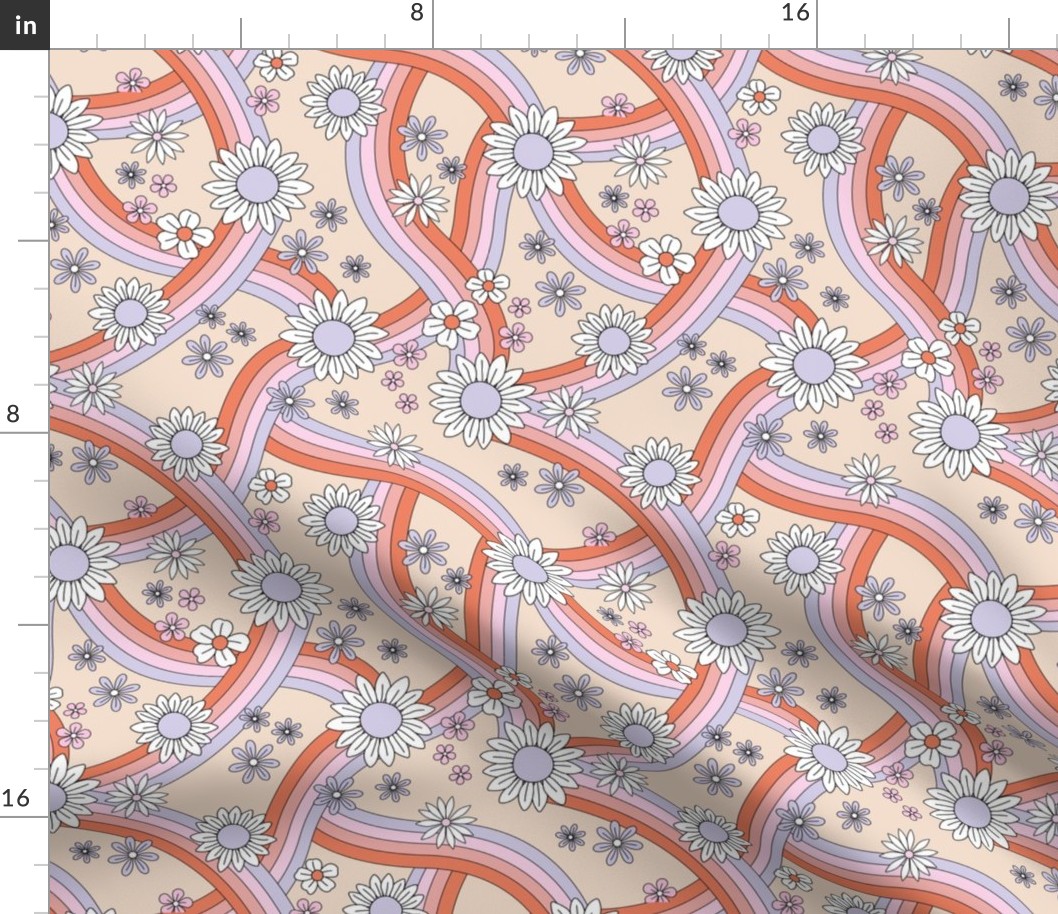 Groovy rainbow swoosh and swirls flower blossom garden summer design - seventies colorful retro design lilac pink coral orange on tan 