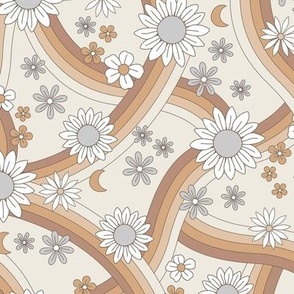 Groovy rainbow swoosh and swirls flower blossom garden summer design - pastel caramel beige gray on sand cream earthy neutral seventies palette