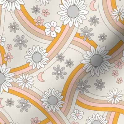 Groovy rainbow swoosh and swirls flower blossom garden summer design - pastel gray orange beige on sand neutral earthy tones nursery