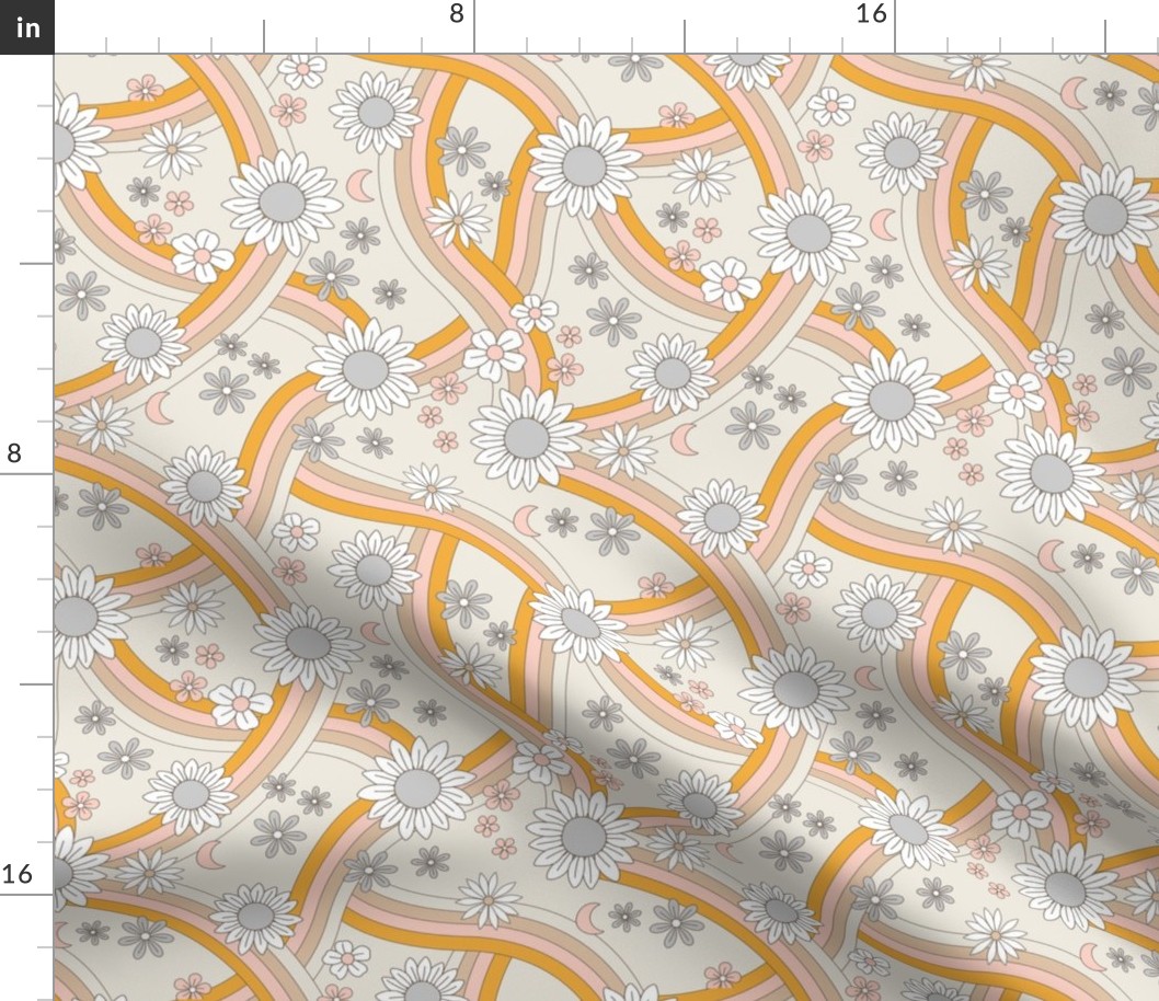 Groovy rainbow swoosh and swirls flower blossom garden summer design - pastel gray orange beige on sand neutral earthy tones nursery