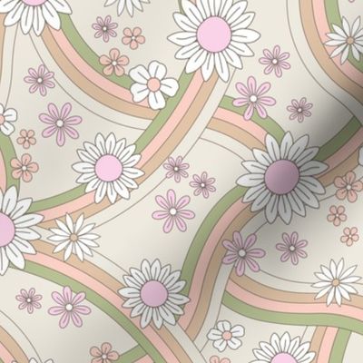 Groovy rainbow swoosh and swirls flower blossom garden summer design - pastel pink beige blush green sage