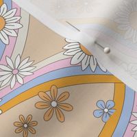 Groovy rainbow swoosh and swirls flower blossom garden summer design - pastel blue yellow pink on tan 