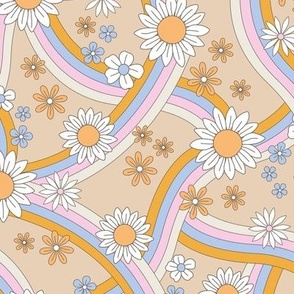 Groovy rainbow swoosh and swirls flower blossom garden summer design - pastel blue yellow pink on tan 