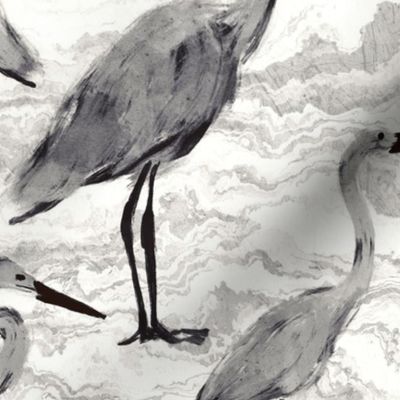 Herons on Abstract Marble Seascape, Light Grey and White (Large Scale)