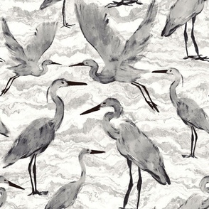 Herons on Abstract Marble Seascape, Light Grey and White (Large Scale)