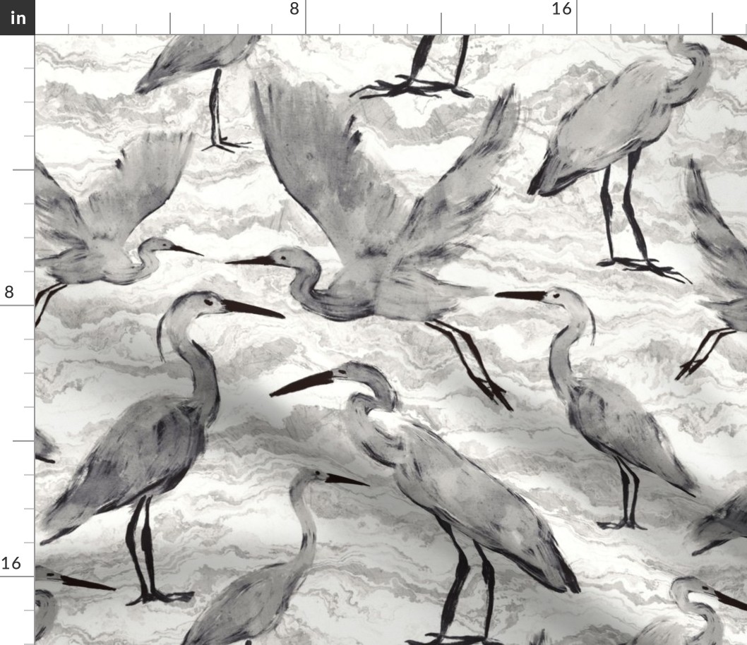 Herons on Abstract Marble Seascape, Light Grey and White (Large Scale)