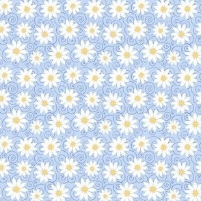 White daisies and spirals on blue micro scale