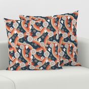 Groovy ghosts and rainbows sunflower and daisies spooky autumn funky halloween design  red orange on navy blue