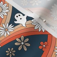 Groovy ghosts and rainbows sunflower and daisies spooky autumn funky halloween design  red orange on navy blue
