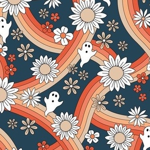 Groovy ghosts and rainbows sunflower and daisies spooky autumn funky halloween design  red orange on navy blue