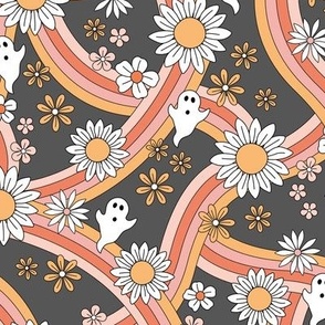 Groovy ghosts and rainbows sunflower and daisies spooky autumn funky halloween design  red orange on slate gray 