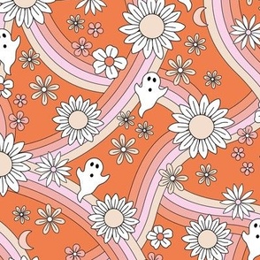 Groovy ghosts and rainbows sunflower and daisies spooky autumn funky halloween design  red blush pink orange on orange