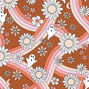 Groovy ghosts and rainbows sunflower and daisies spooky autumn funky halloween design pink blush coral on sienna burnt orange rust 