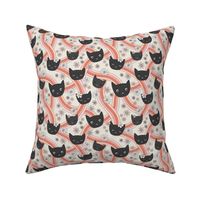 Groovy cats and daisy flowers on rainbow swoosh seventies funky retro design orange coral sand cream black