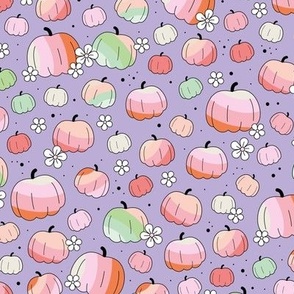 Groovy retro pumpkins and daisies fall blossom in nineties palette lilac mint pink blush rainbows
