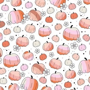 Groovy retro pumpkins and daisies fall blossom in pink blush orange on white seventies girls palette