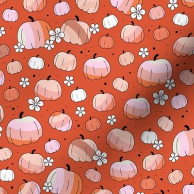Groovy retro pumpkins and daisies fall blossom in pink blush orange on on tangerine orange vintage red