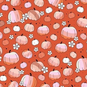 Groovy retro pumpkins and daisies fall blossom in pink blush orange on on tangerine orange vintage red