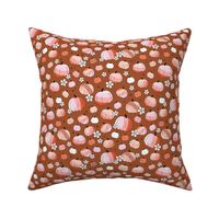 Groovy retro pumpkins and daisies fall blossom in pink blush beige on on rust sienna