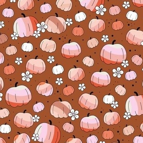 Groovy retro pumpkins and daisies fall blossom in pink blush beige on on rust sienna