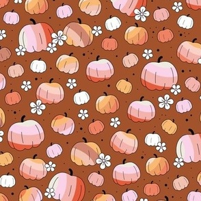 Groovy retro pumpkins and daisies fall blossom in pink blush orange on on rust copper