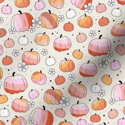 Groovy retro pumpkins and daisies fall blossom in pink blush orange on sand cream