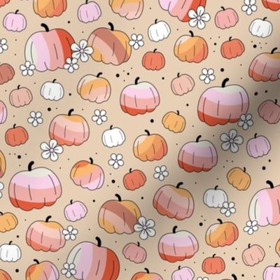 Groovy retro pumpkins and daisies fall blossom in pink blush orange on tan beige