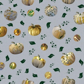 Fall White and Gold Pumpkins grey linen background