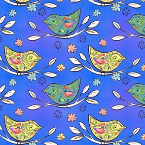 Watercolor Multi Colored Mod Birds on Blue