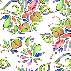 Blackline Multi-Color Watercolor Organic Leaves Swirls and Dots